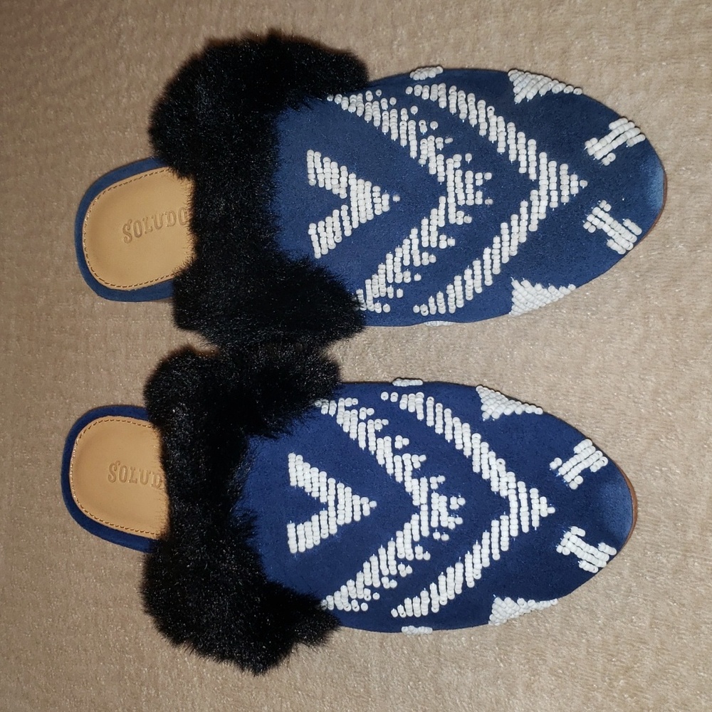Soludos Sedona Faux Fur Beaded Leather Mule Navy 6 new In Box - Picture 11 of 12